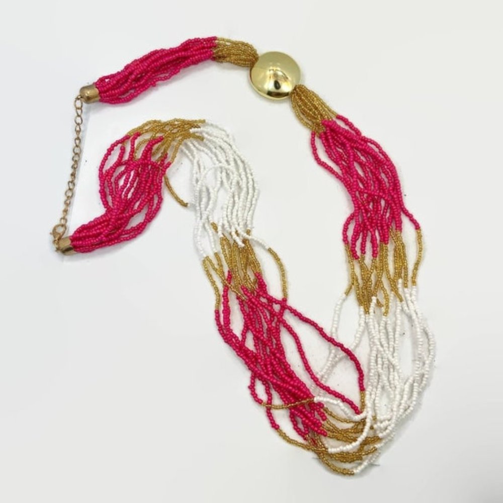 Retro Necklace, Pink,Beaded, Multi-Strand, Gold, White, Glass Beads, Vintage